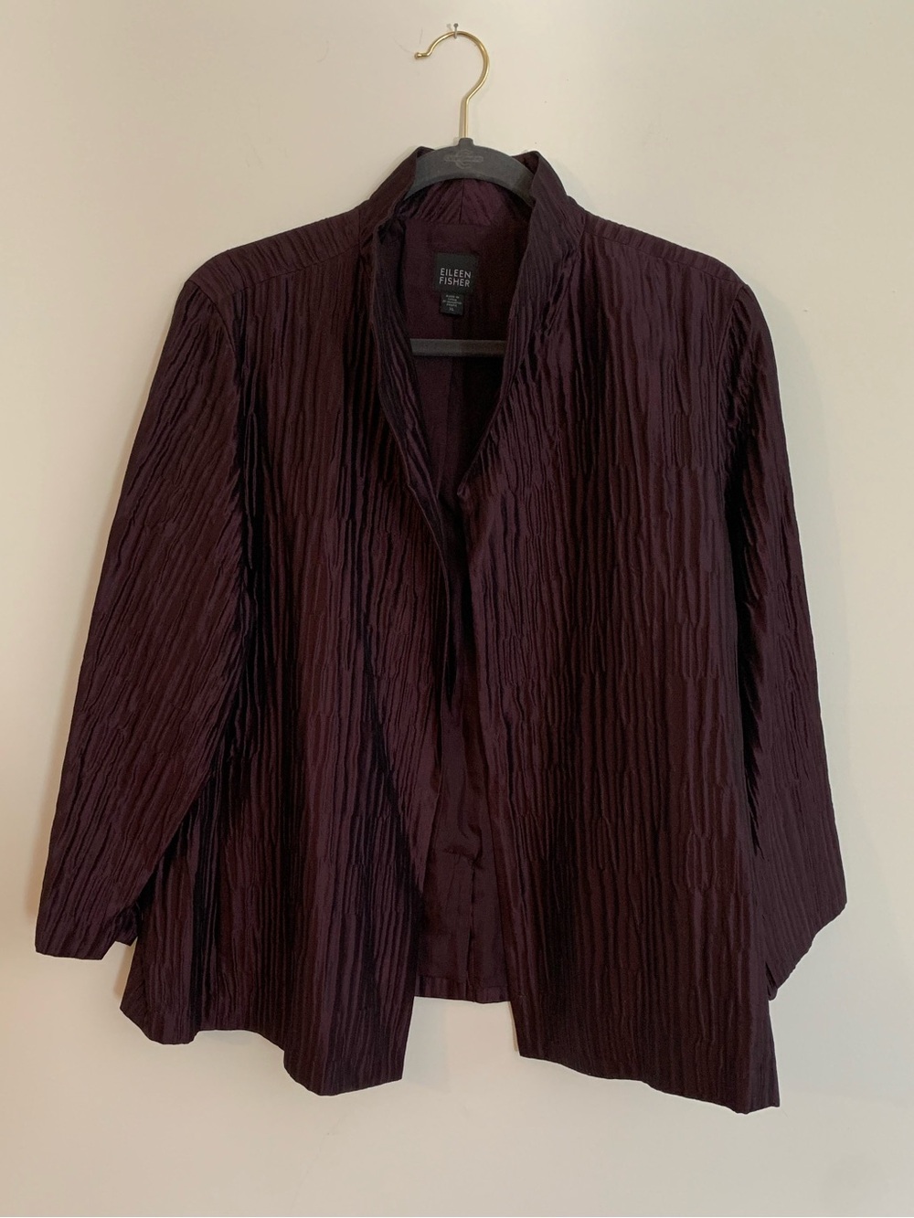 Eileen Fisher Crinkled Open Front Lightweight Jacket - Plum